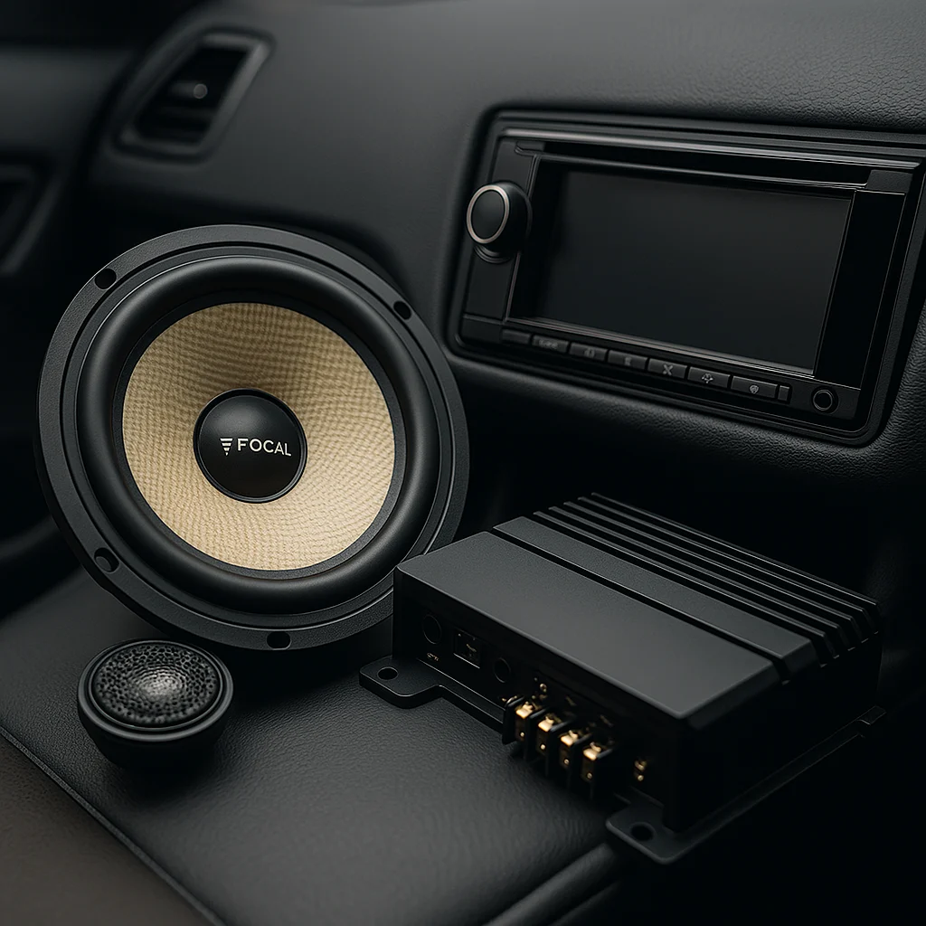 Close-up of Focal car speaker and stereo system upgrade in a modern vehicle interior in Malaysia